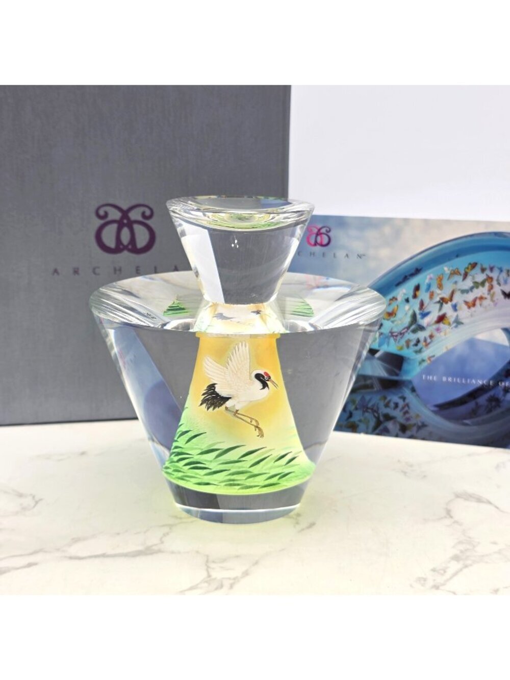 Archelan Wildlife Series Red Crowned Crane Crystal Paperweight w Box RARE 2005